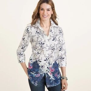 NEW CHICO'S BLUE FLORAL NO IRON BUTTON BLOUSE TOP SHIRT MEDIUM